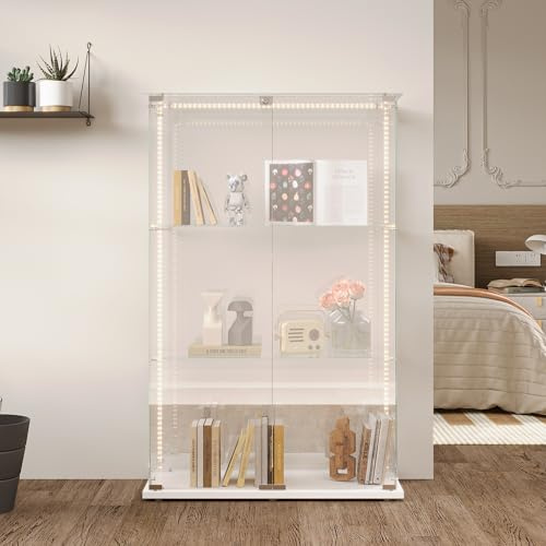 HFASD glasvitrinskåp stående vitrinskåp vit, glasmonter med LED-belysning, 3 golv och 2 dörrar, stående glasvitrinskåp, vitrinskåp, trä glas monter för vardagsrum kontor samlarobjekt vin böcker
