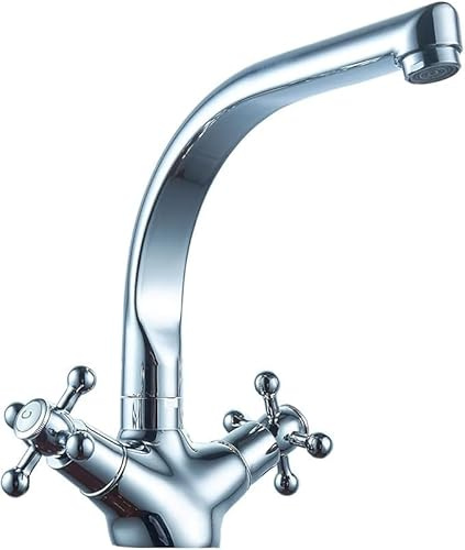 Doppelhebel Wasserhahn Zweigriff Waschtischarmatur Retro Cross Bad Mischbatterie Waschtisch Armatur mit 2 Schläuche Badarmatur Waschbecken Wasserhahn für Küche, Badezimmer, Toilette, Silber