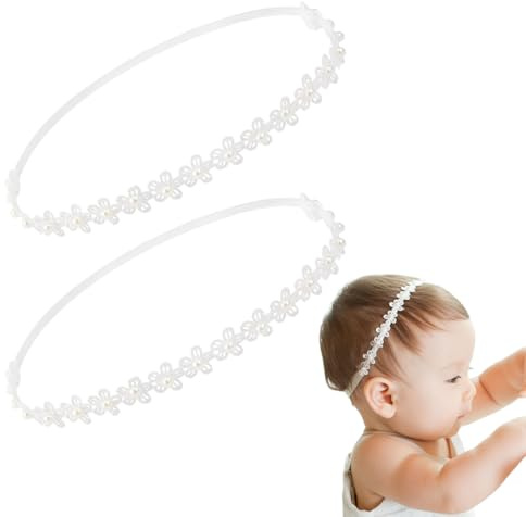 MIRKUZI Bandeaux pour bébés filles, Bandeau bébé 2 pièces, bandeau enfant, accessoire cheveux bébé perle et fleur, cadeau de naissance (blanc)