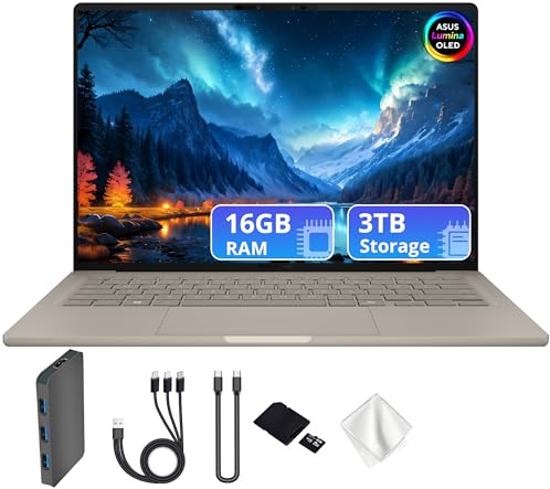 ASUS Zenbook A14 14 FHD+ OLED Laptop, Snapdragon X Plus X1P-42-100, Adreno Graphics, 16GB LPDDR5X, 3TB Storage (2TB SSD&1TB Docking Station), Backlit KB, Copilot+ PC, Win 11, Zabriskie Beige