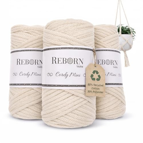 REBORN YARN Cordy Mini Makramee Garn 250g pro Knolle – Nachhaltige Baumwollkordel für DIY & Makramee Projekte, weich & reißfest, ideal für Wanddeko, Blumenampeln (3, 102 | Natural Beige)
