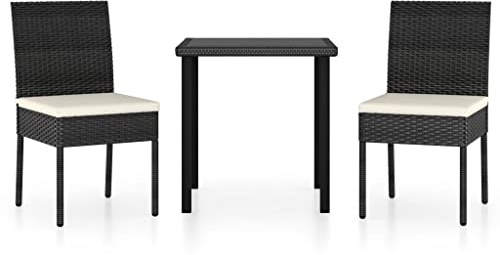 HETFTJN Set da pranzo da giardino in polyrattan nero, 70 x 70 cm, tavolo con 2 sedie e tappezzeria bianca crema, set di mobili da balcone resistente alle intemperie, per piccoli balconi, mobili da