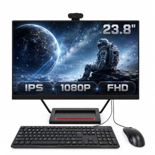 Ordinateur tout-en-un IPS de 23,8 pouces, équipé d'un processeur Core i5, 16 Go RAM, SSD 512 Go. Socle avec caméra pivotant à 360° et fonction de recharge sans fil. Clavier et souris filaires fournis.