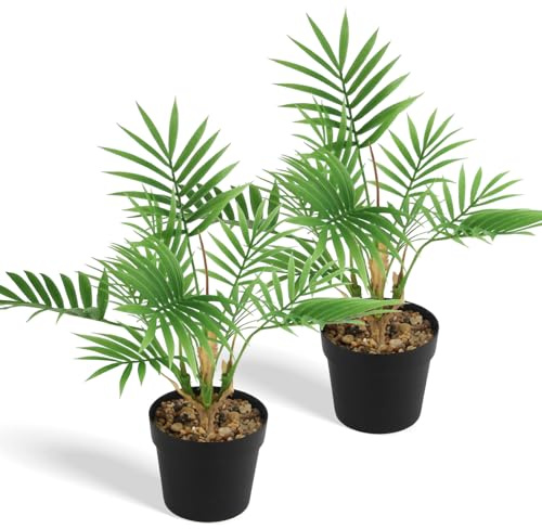 JINXIAN Juego de 2 Plantas Artificiales Decorativas 35cm Planta Palmera | Hay 12 Hojas Interior Artificial Decorativa Plantas Maceta Negra para Decoracion Hogar Jardín de Bodas