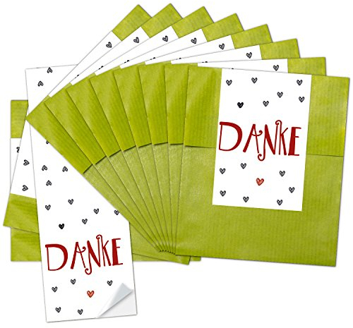Logbuch-Verlag 25 mini Papiertüten grün 9,5 x 14 cm + DANKE Aufkleber rot weiß Herzen - Mitgebsel Dankesgeschenk Verpackung klein Gäste Geschenk Kunden