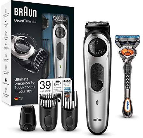 Braun Beard Trimmer and Hair Trimmer BT5065, 39 Length Settings, AutoSense Technology, Precision Cutting Head, Incl. Gillette Razor, Black/Silver