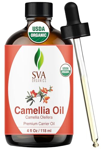 SVA Camellia Seed Oil Organic - 4 Fl Oz – 100% Natural Cold Pressed Organic Camellia Oil - for Face, Skin Care, Hair Care, Scalp Massage & Body Massage – Carrier Oil with Dropper