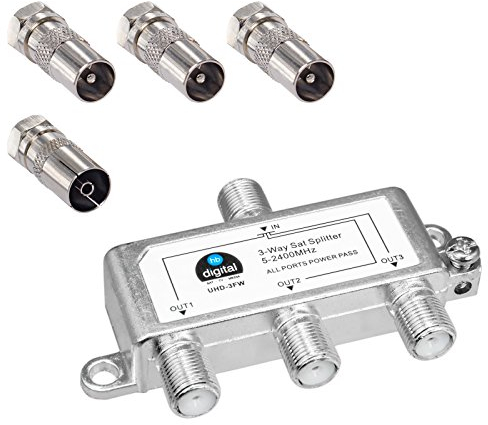 HB-DIGITAL SAT - BK - UKW - Verteiler 3-Fach Splitter (3-Wege) 5-2400 MHz | digital & analog - tauglich | voll geschirmt | SAT DVB-S DVB-S2 Kabelfernsehen DVB-C inkl. Antennen und Kabel IEC Adapter