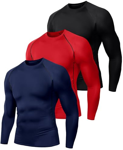 Herr (förpackning med 1 eller 3) cool torr kompression kort/långärmad sport baselayer t-shirts toppar, Svart/röd/marinblå, XXL