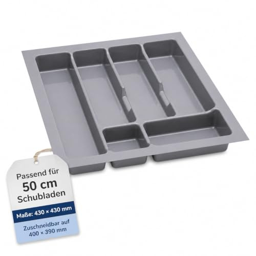 ALUSFERA Besteckkasten für Schubladen 50 cm – Schubladen Organizer mit Fächeraufteilung – Hochwertiger Schubladen Organizer Küche für Mehr Ordnung – Anpassbar und leicht zu reinigen -430x430mm Silber