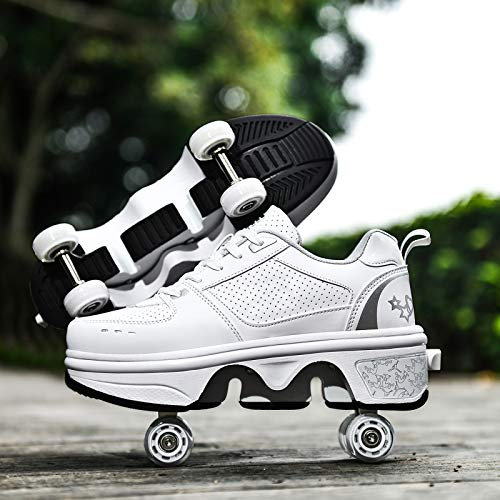JTKDL Rollschuhe Damen, 2 In 1 Inline Skates Kinder, Schuhe Mit Rollen Skateboardschuhe, Verstellbare Quad Skate Rollerskates Skating Sneakers Geschenke Für Kinder,Silver-EU41/UK7
