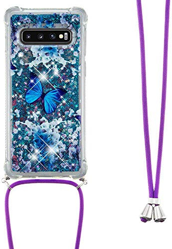 Handykette Handyhülle für Samsung Galaxy S10 Plus Hülle,Glitzer Quicksand kreatives Fließende Flüssigkeit schwimmt Silikon Case mit Umhängeband Handykordel Band Kette für Galaxy S10 Plus,YB GS Die