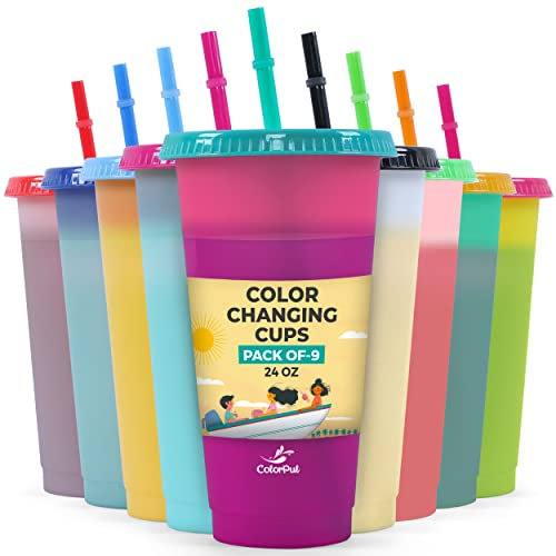 COLORPUL Bicchieri di plastica con coperchio e cannucce, 9 confezioni da 680 ml, bicchieri in plastica spessa con coperchi e cannucce, bicchieri riutilizzabili con coperchi e cannucce, bicchieri per