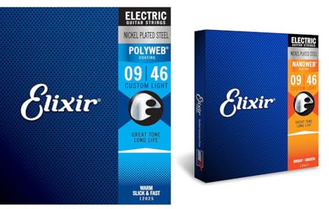 Elixir® Saiten E-Gitarrensaiten mit POLYWEB® Beschichtung, Custom Light (.009-.046) & Saiten E-Gitarrensaiten mit NANOWEB®Beschichtung, Custom Light (.009-.046)