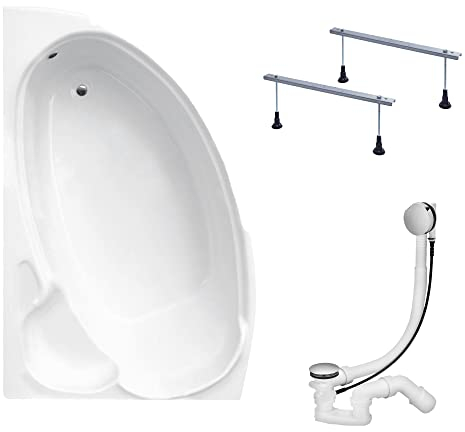 KOLMAN Badewanne FINEZJA Eckbadewanne 155x95 Links ohne Verkleidung, Ablaufgarnitur und Füßen Komplettset 3in1 Premium Original Acryl Wanne Siphon