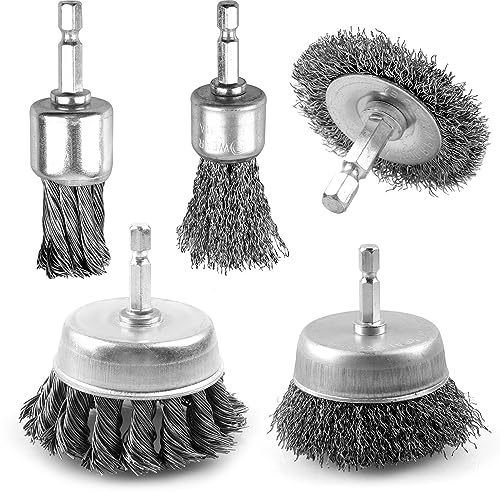 WENHUALI 5 Pcs Drill Wire Brush Set, Heavy Duty Wire Brush Wheel for Drill, 1/4'' Hex Shank Wire Brush Drill Attachments Coarse Carbon Steel Crimped, Great for Cleaning Rust, Paint, Abrasive.