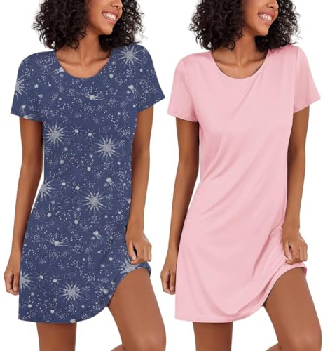 Ekouaer Nattlinne damer, tvådelad sovskjorta, kortärmade nattkläder, sovskjorta, lätt sovtröja, 2-pack, S–XXL, Rosa + blå stjärna, M