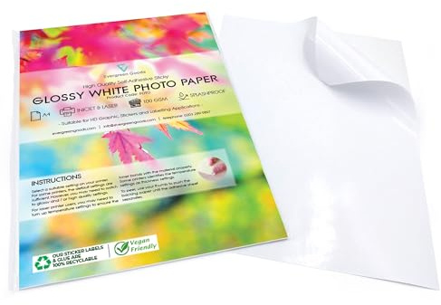 Evergreen Goods Lot de 100 feuilles A4 de papier blanc brillant autocollant imprimé -200gsm | Autocollant anti-éclaboussures pour imprimantes à jet d'encre et laser | Étiquette pour traceur de découpe