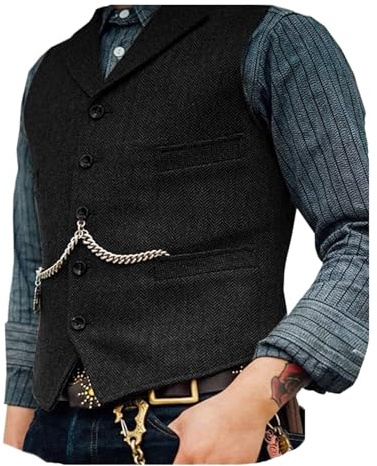 DREFEEL Gilet de costume classique en laine tweed pour homme, veste décontractée sans manches à chevrons pour smoking, noir, Medium
