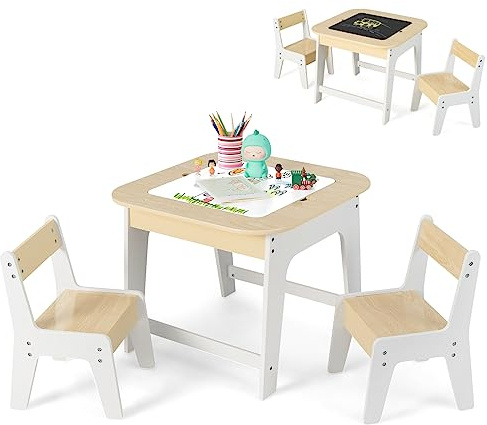 GYMAX Kids Table and Chair Set, Children Activity Desk with Removable Blackboard/Whiteboard Tabletop & Hidden Storage Space, Wooden Toddler Furniture Set for Drawing Playing Learning (Natural+White)