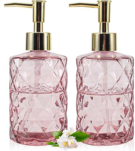 GOYISEE Glas Seifenspender,12 Oz Diamant Design Glas Nachfüllbare Hand Seifenspender, Mundwasser Lotion Spender für Küche, Badezimmer (Pink 2 Pack)