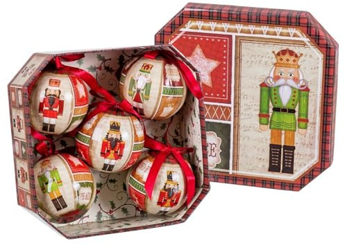 LOLAhome Caja de 5 Bolas de árbol de Navidad para Decoración Navideña Elegante | Caja Decorada con 5 Adornos Redondos para Árbol de Navidad. Bolas de 7,5 cm (Soldado Cascanueces)