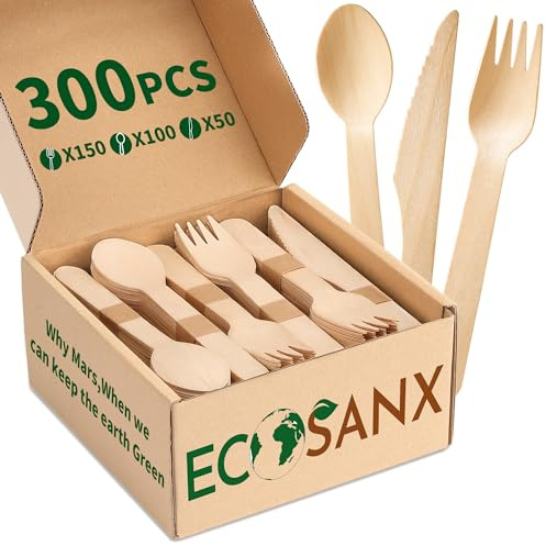 ECOSANX® 300 PCs Disposable Wooden Cutlery set 6.5 Splinter Free Compostable Utensils for party, Eco-Friendly, 100% All-Natural Bamboo Utensils set for picnic, Bamboo cutlery set for Events & More