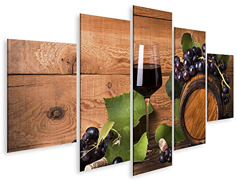 islandburner Impression sur toile - Motif calice - Vin rouge - Raisins - Feuilles vertes - Fûts en bois - Nature morte