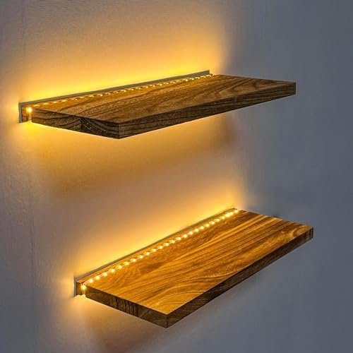 HanYun 2 Stück Wandregal Floating mit LED Lichterkette, Regal Wand Schweberegal Holz Board Regalbrett Hängeregal für Wohnzimmer, Schlafzimmer, Küche, Büro (USB)