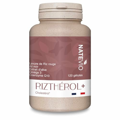NATEVIO Riztherol+ 5 actifs - Levure de Riz Rouge - Ail Noir - Q10 - Omega 3 - Extrait Olive - Cure de 2 mois