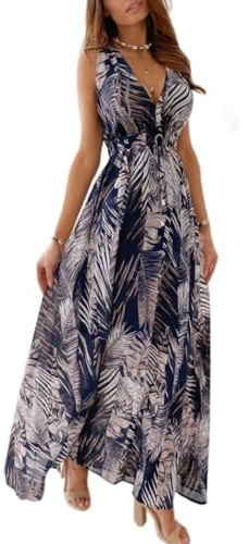 CheChury Vestido Largos Verano Mujer Elegante Vestidos Casual Mujer Bohemio Vestido con Estampado Floral Sin Manga Vestido Maxi Cuello en V Vestidos Florales Vintage Larga Vestido de Playa Vacaciones