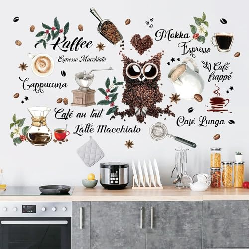 47 Stück | Wandtattoo Kaffeesorten | Eule Kaffeebohnen Kaffeetasse Wandaufkleber | Wanddeko Geschenke für Wohnzimmer Esszimmer Kaffee-Bar Küche Kühlschrank Schrank
