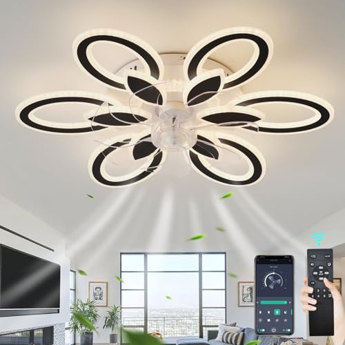 LED Lampe Mit Ventilator Leise Reversibel 6 Geschwindigkeiten Deckenleuchte Mit Ventilator, Dimmbar Timer Deckenventilator Mit Beleuchtung Und Fernbedienung Für Schlafzimmer Wohnzimmer, Schwarz