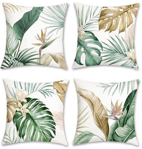 Bonhause Fundas Cojines Hojas Tropicales 45 x 45 cm Funda de Almohada Hoja Marrón Verde Terciopelo Suave Cojines Decorativos para Sofá Cama Hogar Patio Juego de 4