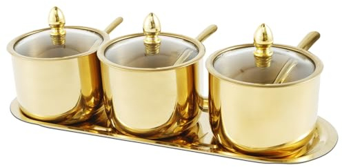 Foppla Ensemble de sucriers en acier inoxydable avec couvercle en verre et cuillère - 3 compartiments - Avec plateau - Réutilisables - Pour assaisonnement - Pour sucre, épices, sel (doré)