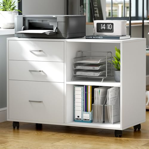soges Rollcontainer Bürocontainer Schreibtisch Aktenschrank auf Rollen aus Holz mit 3 Schubladen Abschließbar Weiß Rollcontainer für Büro und Zuhause 79,5 x 40 x 62,5 cm