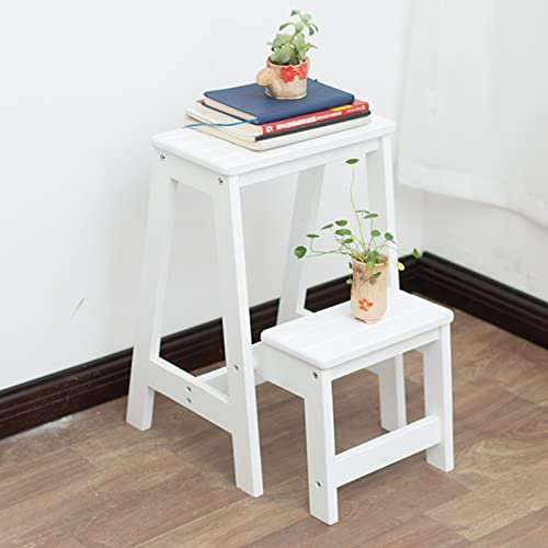 LIFENGFF Klapphocker, Leiterstuhl, 2 Stufen, Holz, faltbar, Leiterhocker, Regal, Bibliothek, Stufen, Bücherregal, Pflanzenständer, Treppenstuhl für Aufbewahrung und Dekoration, Weiß