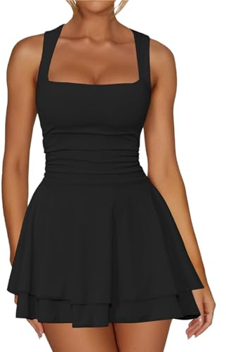 Hanaoops Women's Sexy Mini Dress Square Neck Sleeveless Short Tank Dress High Waist Ruched Bodycon Dresses Slim Fit A Line Swing Party Club Cocktail Dresses