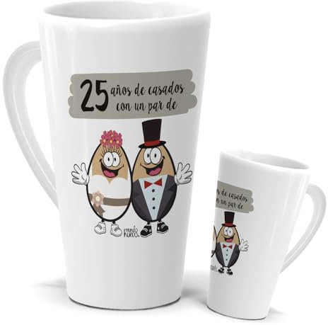 Taza 25 Casados | Taza 25 Años de Casados con un Par de Huevos | Regalo Divertido Aniversario | Taza Cónica Gigante de medio litro | Bodas de Plata Idea de Regalo | Taza de Café y Té