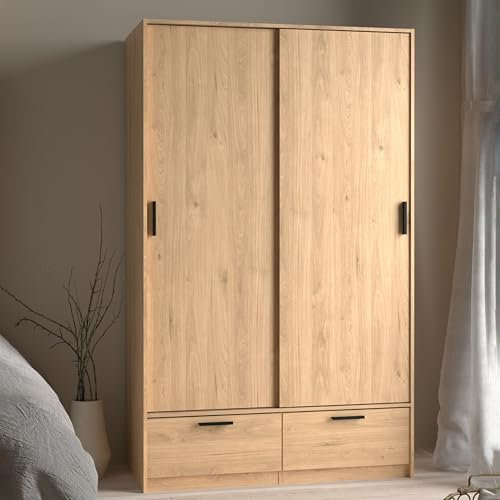 Modern Wooden Wardrobe With 2 Sliding Doors, 2 Drawers, Hanging Clothes Rail & Storage Shelves | Bedroom Wardrobes, Closet, Clothing Unit (Oak)
