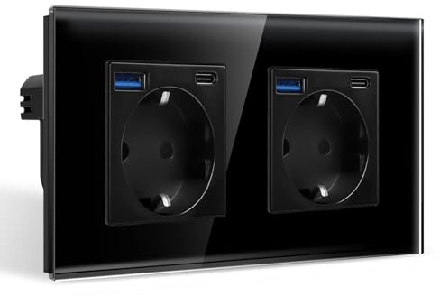 CNBINGO Doppelsteckdose Unterputz mit 2x USB-A/C Max.2,1A, Glas Schwarz | Schuko Steckdose mit USB-A und Typ-C Anschluss, 2-Fach Wandsteckdose Kindersicherung mit Glasrahmen, Horizontal/ Vertikal