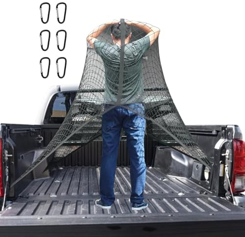 APKOL Hochelastisches Gepäcknetz, LKW-Bett-Organizer, 1,2 x 1,2 m dehnbar | bis 2,1 m x 2,1 mgeeignet für tägliche leichte Lasten von LKWs, mit 6 Metallhaken für LKW Auto Wohnmobil(Doppellagig)
