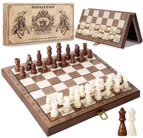 SIHAIYUAN 11.5 Magnetic Wooden Chess Set – Foldable Board, Portable Chess Set for Travel, Compact Design with Magnetic Pieces, Extra Queen Included – Ideal for School Bags, Easy Storage