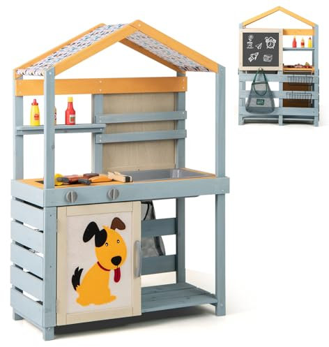 GYMAX Kids Mud Kitchen, Double-Sided Pretend Play Kitchen Grocery Store with Removable Sink, Storage Baskets, Bag, Chalkboard & Accessories, Outdoor Wooden Toy Kitchen Set for Children 3+ Years Old