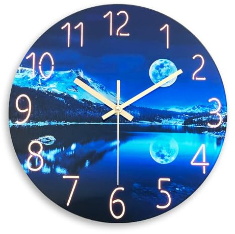 Constantplanet Round Wall Clock for Bedroom Modern Glass Wall Clocks Battery Operated 12 Inch Blue Moon Clock for Wall