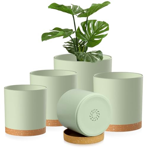 Homeuouz 5 Pack Plastic Plant Pots,17.5/15/14/12.5/10CM,Flower Pot Large Plant Pots Indoor Outdoor Plastic Plant Pot with Drainage Holes and Tray for House Plant Flower(Green with Brown Tray)
