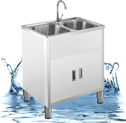 Edelstahl Spültisch 2 Becken,Spülenschrank mit Spüle und Armatur,Freistehendes Spülbecken Spüle mit Unterschrank, waschbecken küche,Küchenspüle mit Stauraum für Outdoor,Garage,Waschküche,Badezimmer