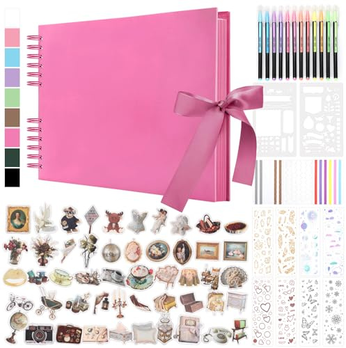 DazSpirit Album Photo Scrapbook, 80 Pages Livre Album Photo Rigide DIY Scrapbooking, Avec 12 Marqueurs et 7 Autocollants, Cadeau pour Anniversaire, Mariage, Voyage, Amis, Bébé, Rose