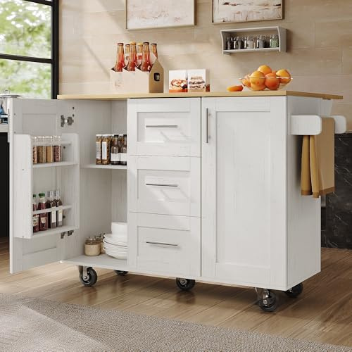 Oslghy Küchenwagen, Kücheninsel, Servierwagen mit Arbeitsplatte klappbar, Küchenschrank, Buffetschrank mit Schubladen, Esswagen Anrichte mit Rollen und Abnehmbare Trennwände, Weiß 135x46-74x86,6 cm