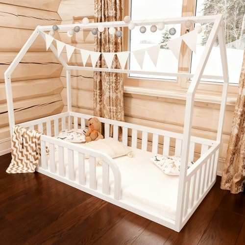 Mandrele Bodenbett 90x200 für Kinder, Montessori Hausbett aus FSC-Kiefernholz Weiß, Kinderbett mit Lattenrost und 41 cm Rausfallschutz, Einstieg Rechts